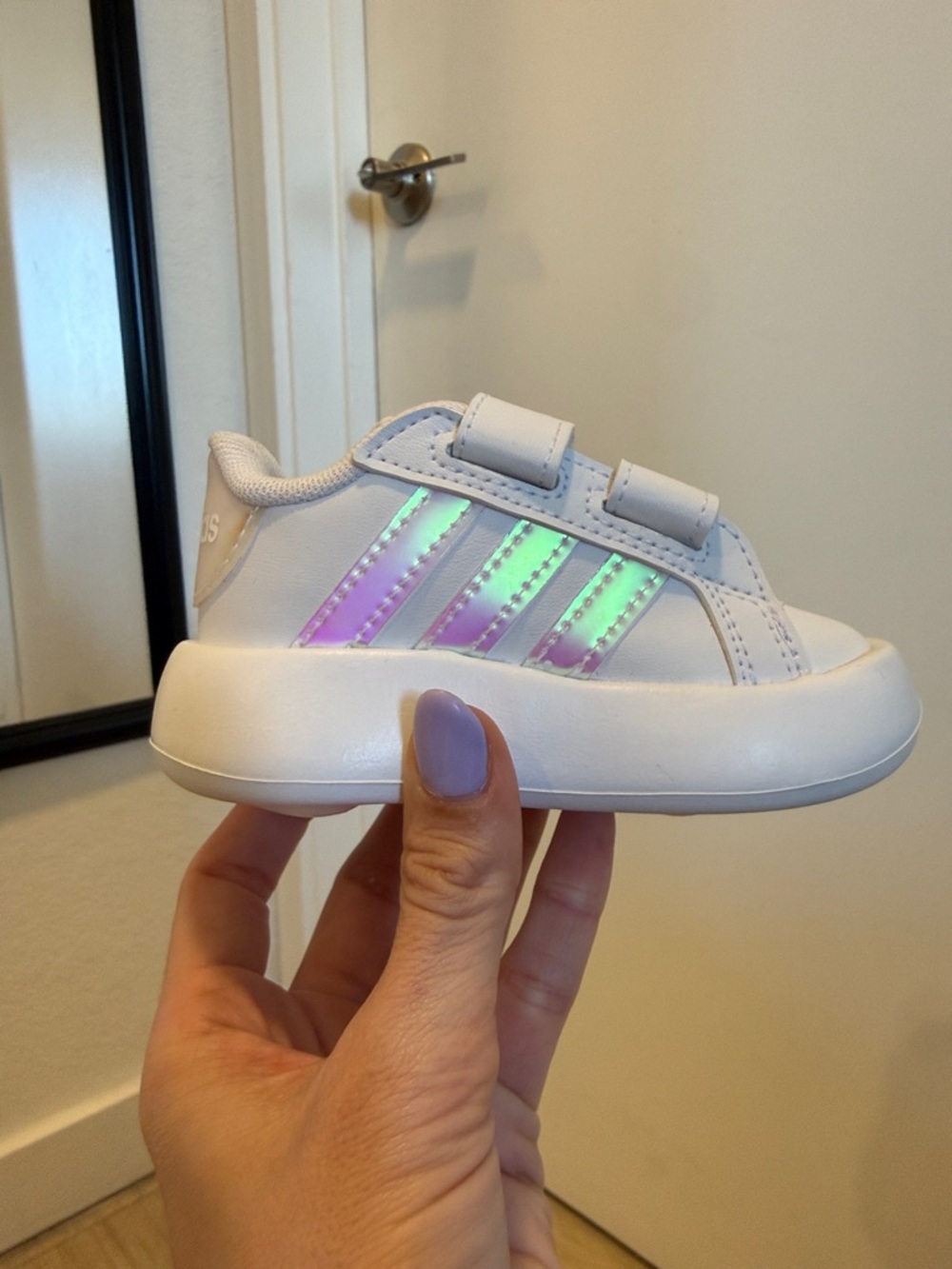 Adidas BubbleComfy Kids White Sneakers with Iridescent Stripes